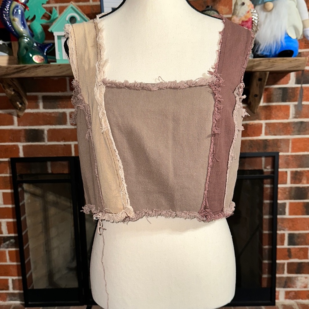 NASTY GAL Patchwork Frayed Seam Corset Cropped Top size Large - Picture 2 of 8